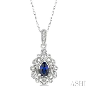 1/8 ctw Lattice Round Cut Diamond & 6x4MM Pear Cut Sapphire Precious Pendant With Chain in 10K White Gold