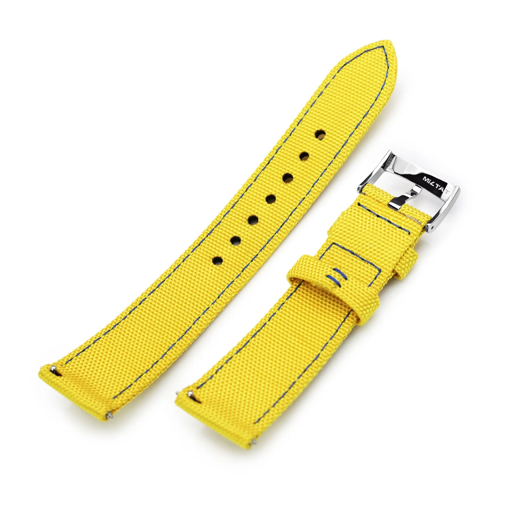 20mm Sailcloth Strap Yellow Quick Release Nylon Watch Band, Blue Stitching