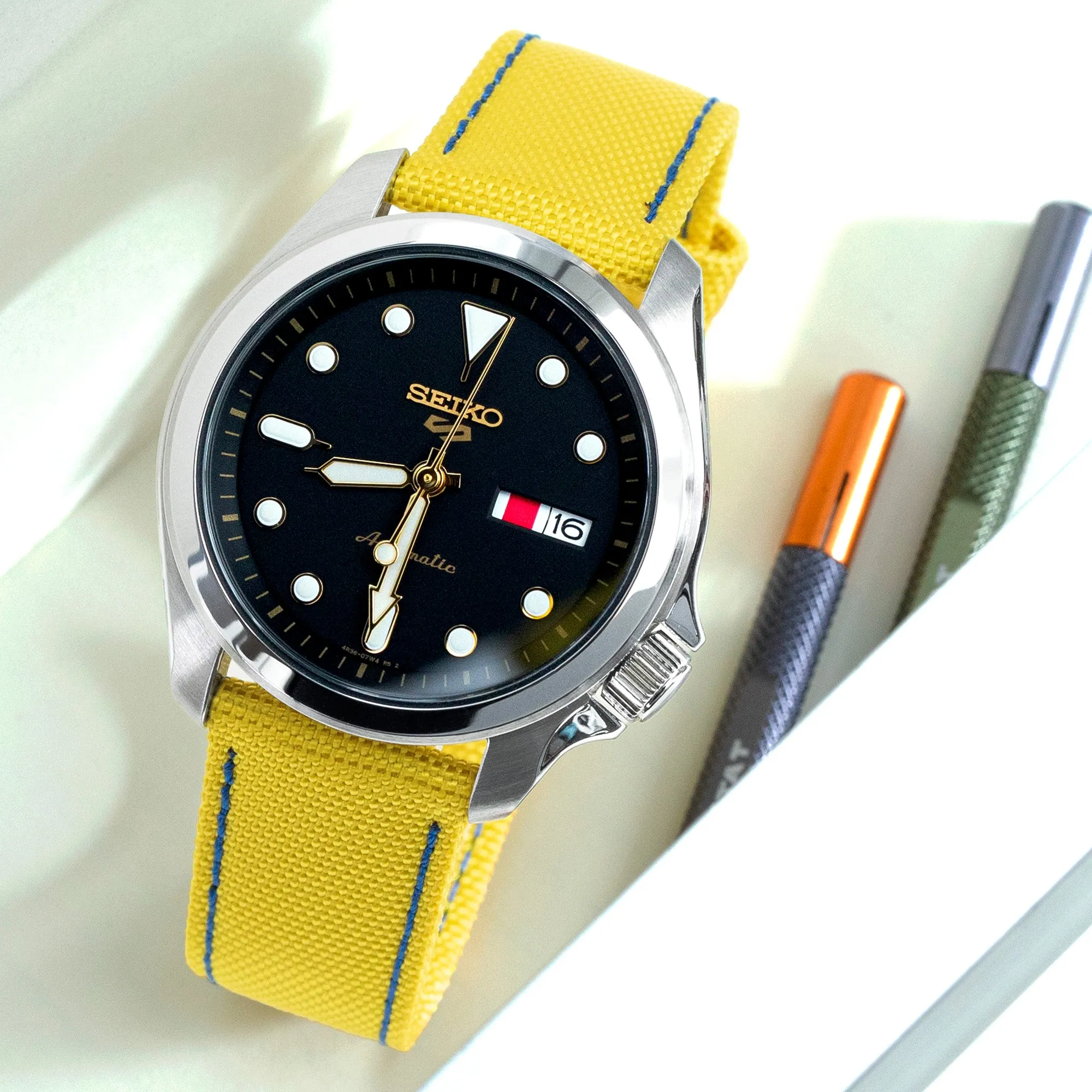 20mm Sailcloth Strap Yellow Quick Release Nylon Watch Band, Blue Stitching