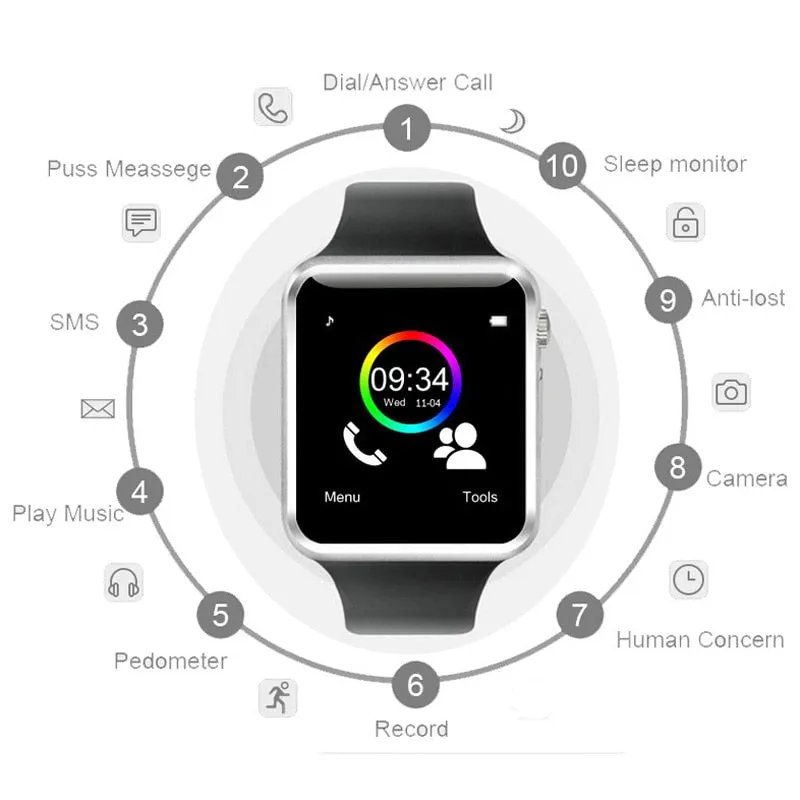 A1 Men Smart Watch Waterproof Android Bluetooth Watch SIM Card TF Sport  Smartwatch Android Waterproof with Camera Outdoor Watch