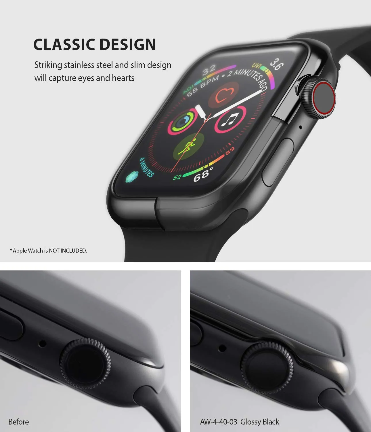 Bezel Styling for Apple Watch 40mm for Series 4 (2018) (AW4-40-03)  -  [Stainless Steel] Glossy Black