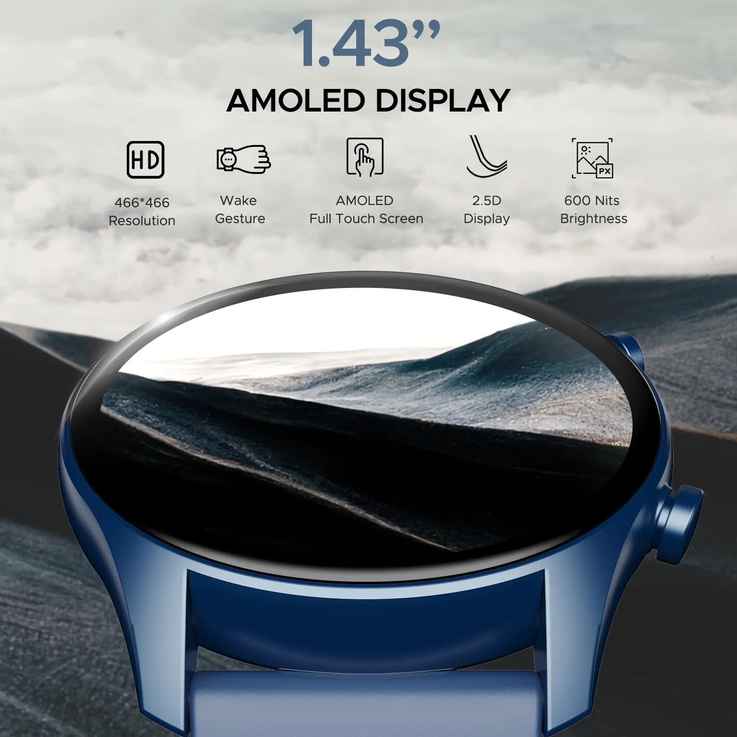 boAt Lunar Connect Plus Smart Watch with 1.43" AMOLED Display, 2.5D Display, Advanced Bluetooth Calling 100 , Always on Display, 100  Watch Faces,Voice Assistant,IP68, HR & SpO2(Deep Blue)