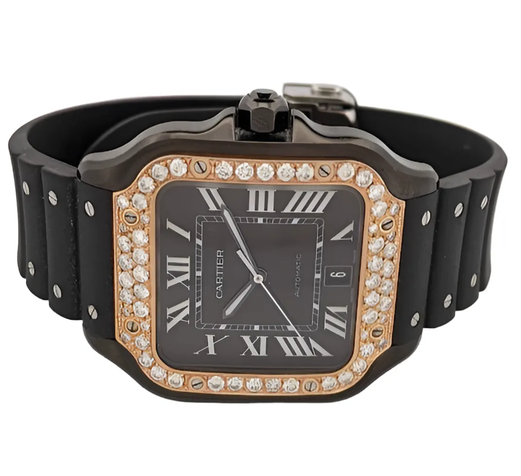 Cartier Santos Watch With Black Rubber Band, Rose Gold & Diamond Bezel