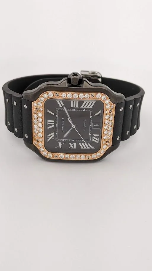 Cartier Santos Watch With Black Rubber Band, Rose Gold & Diamond Bezel