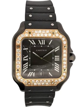 Cartier Santos Watch With Black Rubber Band, Rose Gold & Diamond Bezel