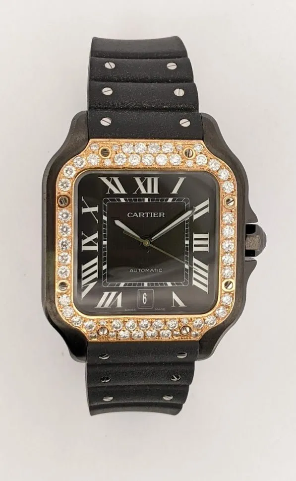 Cartier Santos Watch With Black Rubber Band, Rose Gold & Diamond Bezel