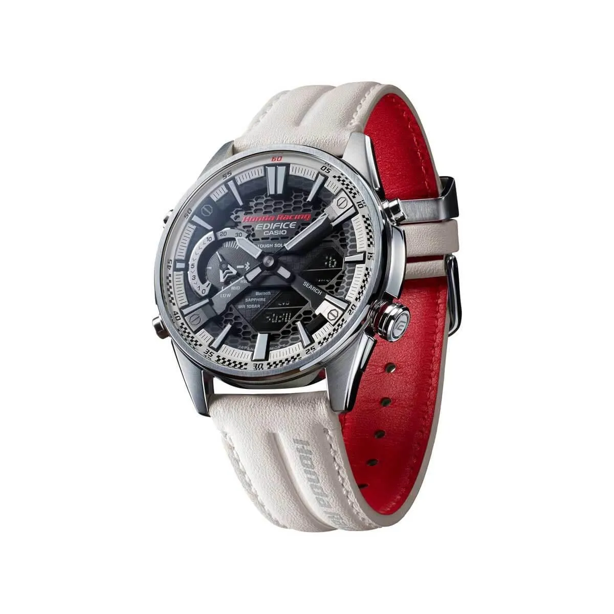 Casio Men's Analog-Digital Watch - Edifice White and Red Leather Strap | ECBS100HR-1A