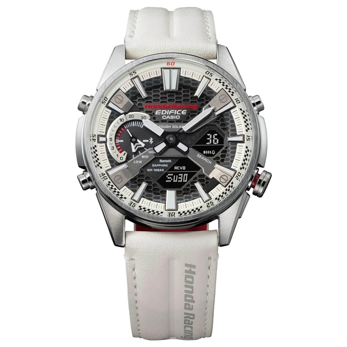 Casio Men's Analog-Digital Watch - Edifice White and Red Leather Strap | ECBS100HR-1A