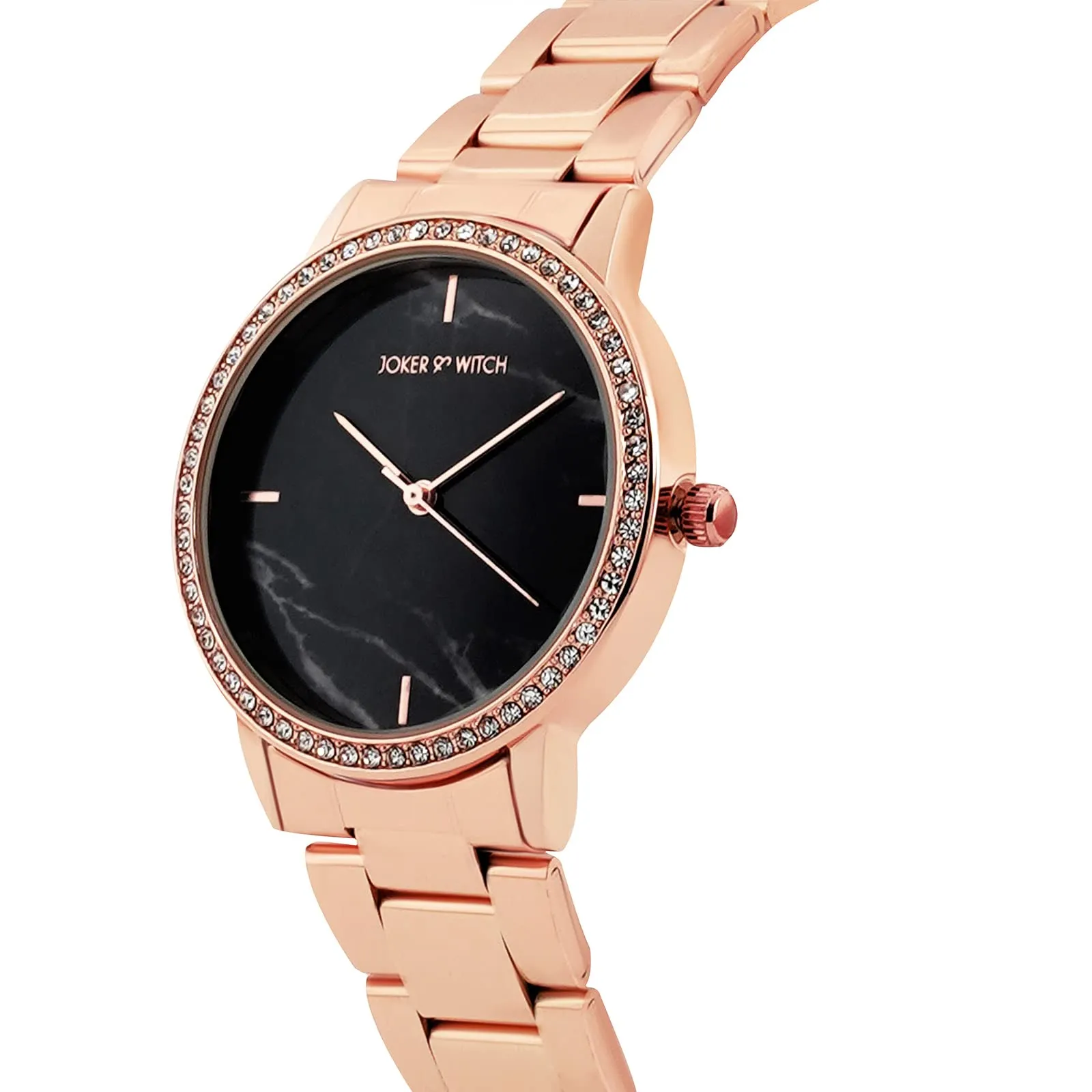 Comet Black Marble Dial Rosegold Rhinestone Metallic Link Strap Analog Women's Watch