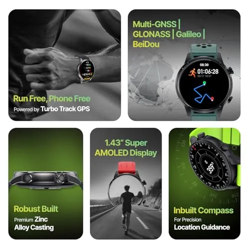 CULT Sprint Running smartwatch with Built-in Turbo Track GPS, Multi-GNSS, Glonass, Galileo & Beidou, 1.43” AMOLED Display, Compass, Strava, Health Tracking, Bluetooth Calling