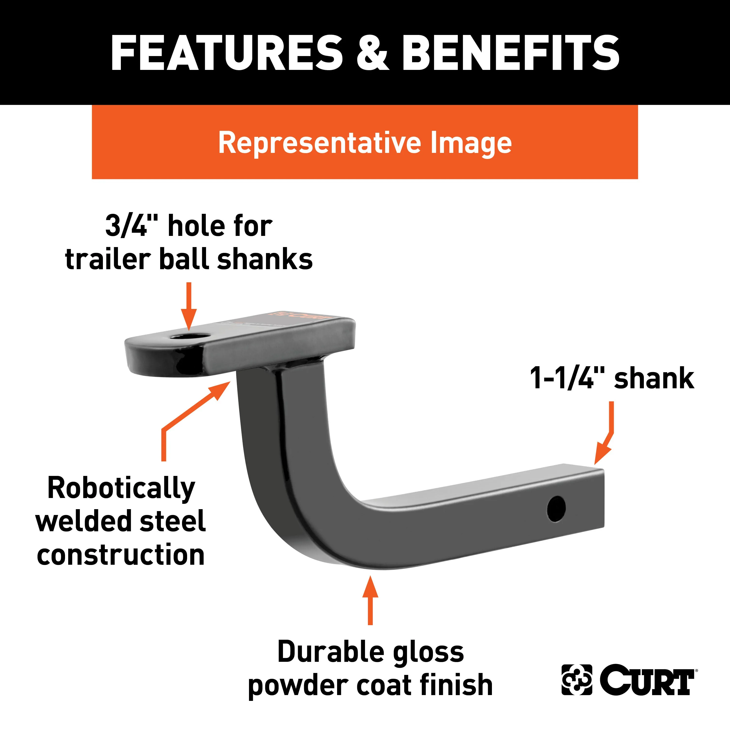 CURT 45024 Class 1 Ball Mount (1-1/4in. Shank; 2;000 lbs.; 5in. Rise; 9-9/16in. Long)