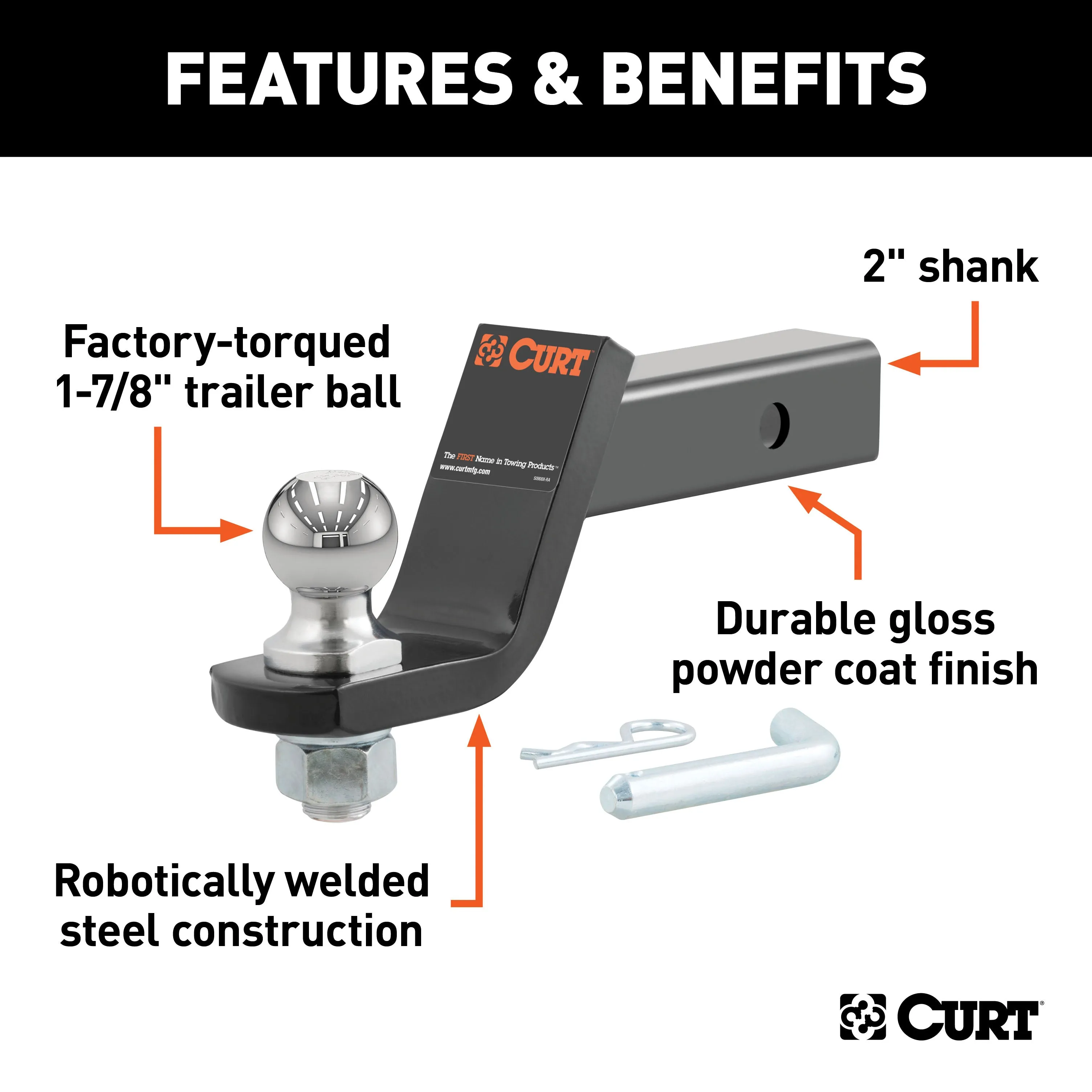 CURT 45055 Loaded Ball Mount with 1-7/8in. Ball (2in. Shank; 3;500 lbs.; 4in. Drop)