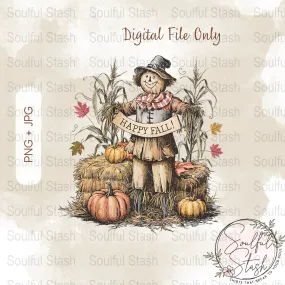 Fall Harvest Scarecrow Digital Download, Autumn Pumpkin Decor Print, Rustic Seasonal Wall Art, Farmhouse Sublimation Design, Happy Fall