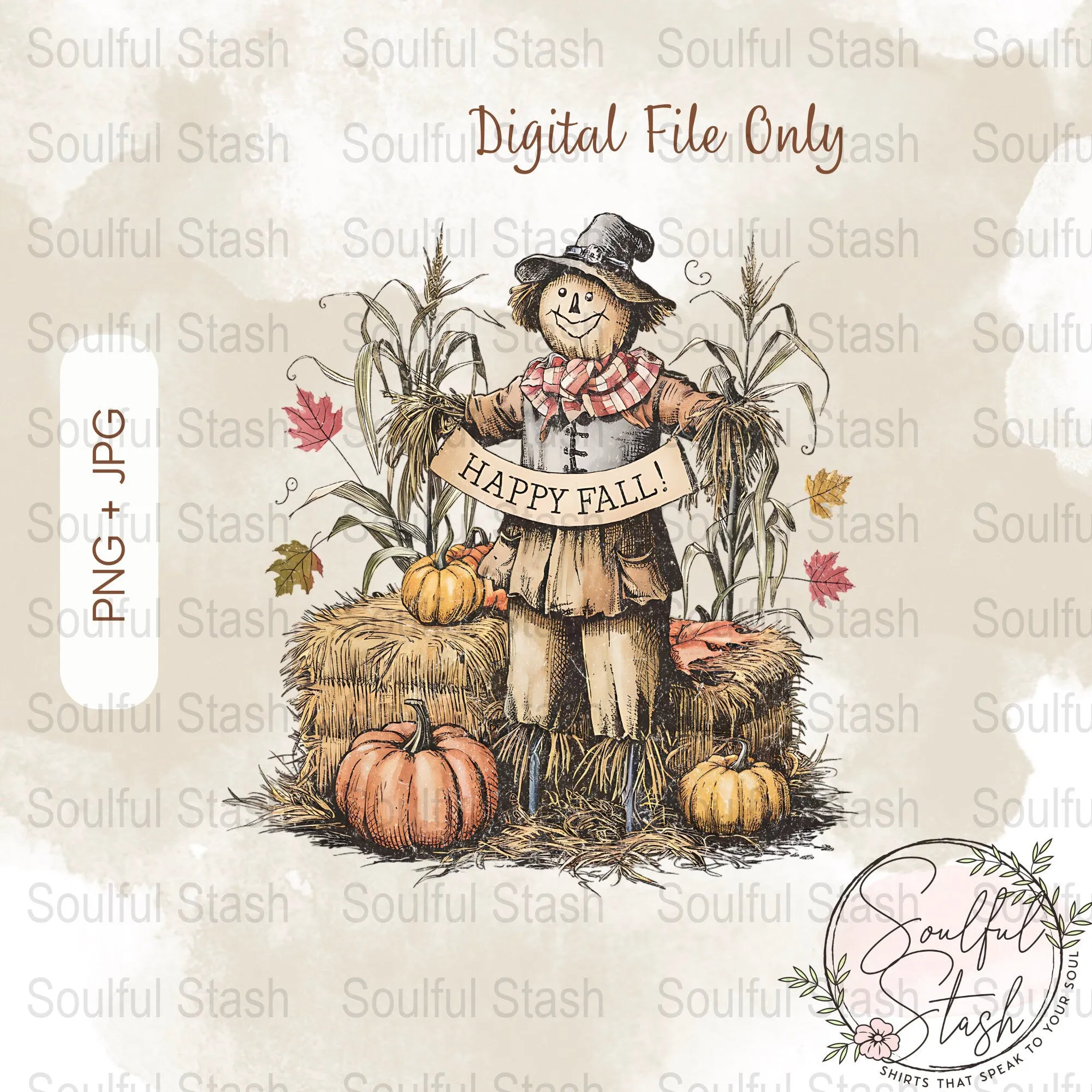 Fall Harvest Scarecrow Digital Download, Autumn Pumpkin Decor Print, Rustic Seasonal Wall Art, Farmhouse Sublimation Design, Happy Fall