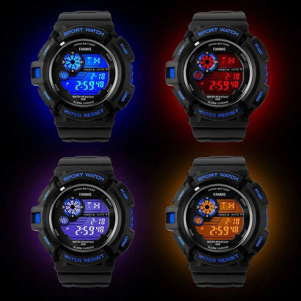 Fanmis Mens Military Multifunction Digital LED Watch Electronic Waterproof Alarm Quartz Sports Watch Blue