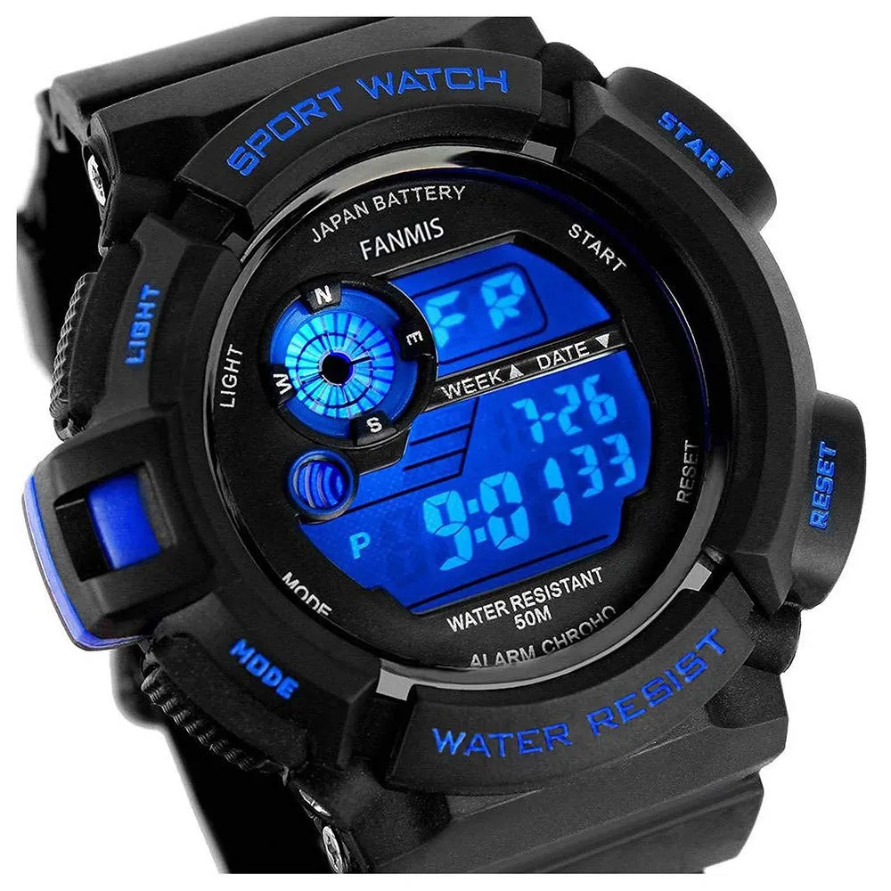 Fanmis Mens Military Multifunction Digital LED Watch Electronic Waterproof Alarm Quartz Sports Watch Blue