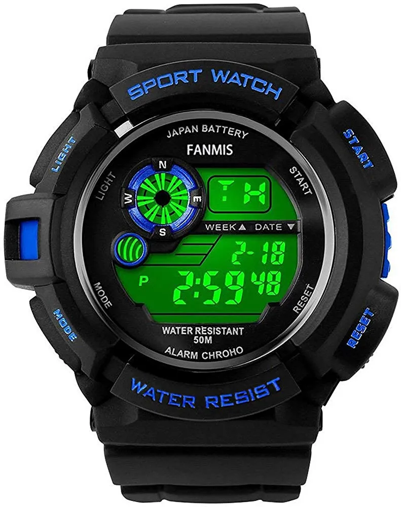 Fanmis Mens Military Multifunction Digital LED Watch Electronic Waterproof Alarm Quartz Sports Watch Blue