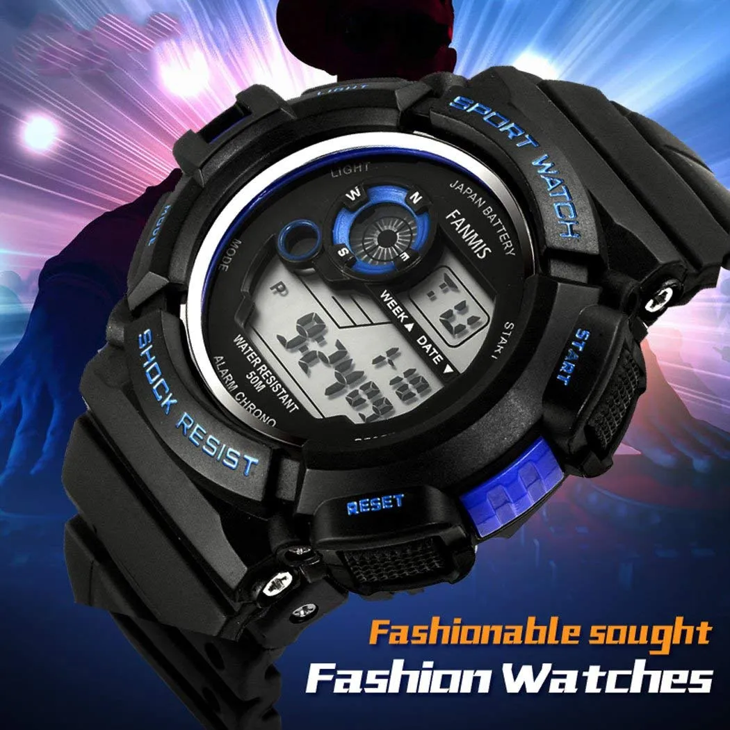 Fanmis Mens Military Multifunction Digital LED Watch Electronic Waterproof Alarm Quartz Sports Watch Blue