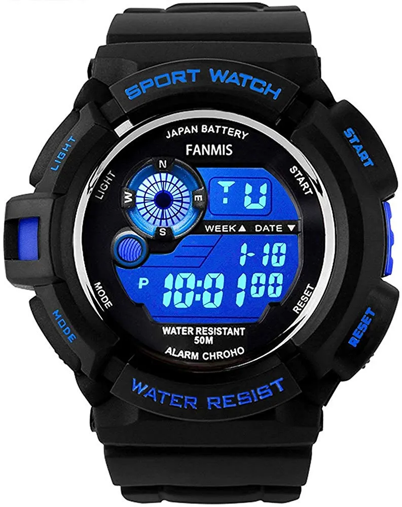 Fanmis Mens Military Multifunction Digital LED Watch Electronic Waterproof Alarm Quartz Sports Watch Blue