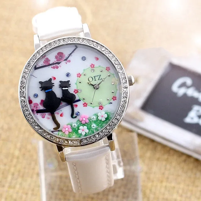 Fashion diamond watch creative DIY ladies watch cartoon cat lovers premium brand female table orz