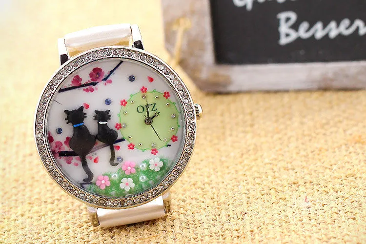 Fashion diamond watch creative DIY ladies watch cartoon cat lovers premium brand female table orz