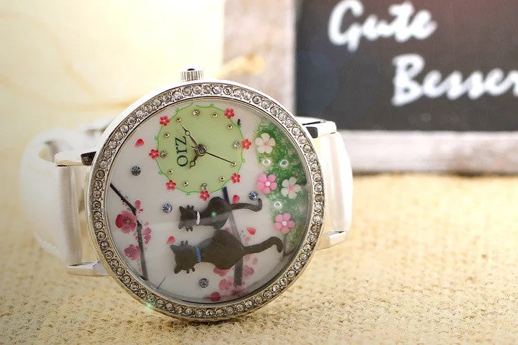 Fashion diamond watch creative DIY ladies watch cartoon cat lovers premium brand female table orz