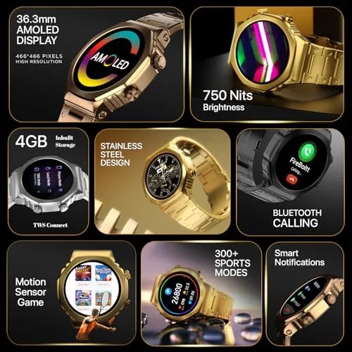 Fire-Boltt Onyx- 36.3mm AMOLED Always On Display Smart Watch, 466 * 466 High Resolution, Bluetooth Calling, Steel Design, IP67, 4GB Storage, 300  Sports Modes, 130  Watch Faces (Black)