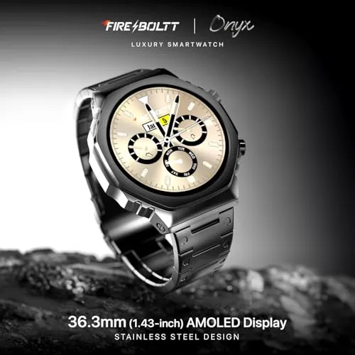 Fire-Boltt Onyx- 36.3mm AMOLED Always On Display Smart Watch, 466 * 466 High Resolution, Bluetooth Calling, Steel Design, IP67, 4GB Storage, 300  Sports Modes, 130  Watch Faces (Black)