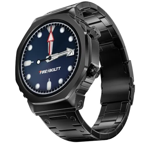 Fire-Boltt Onyx- 36.3mm AMOLED Always On Display Smart Watch, 466 * 466 High Resolution, Bluetooth Calling, Steel Design, IP67, 4GB Storage, 300  Sports Modes, 130  Watch Faces (Black)