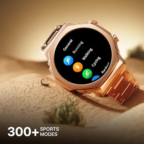 Fire-Boltt Onyx- 36.3mm AMOLED Always On Display Smart Watch, 466 * 466 High Resolution, Bluetooth Calling, Steel Design, IP67, 4GB Storage, 300  Sports Modes, 130  Watch Faces (Rose Gold)