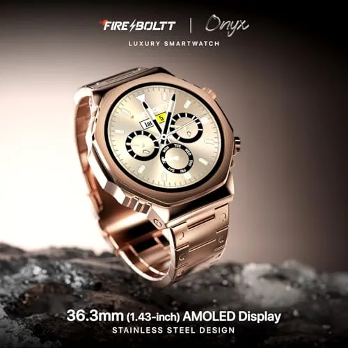 Fire-Boltt Onyx- 36.3mm AMOLED Always On Display Smart Watch, 466 * 466 High Resolution, Bluetooth Calling, Steel Design, IP67, 4GB Storage, 300  Sports Modes, 130  Watch Faces (Rose Gold)