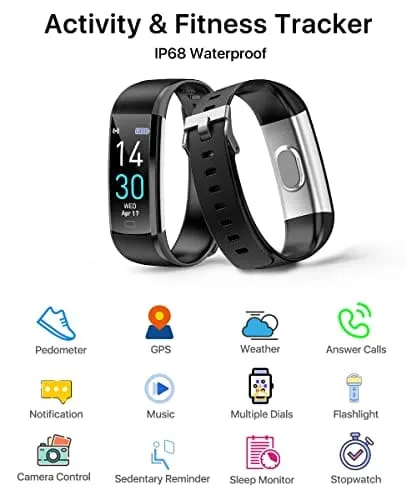 Fitness Tracker, Activity Tracker with Sleep Tracking Health Monitor, GPS, Step Tracker, Sport Fitness Watch IP68 Waterproof Smart Watch with Pedometer for Men Women Kids