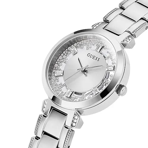 GUESS Womens 33 mm Crystal Clear Silver Dial Stainless Steel Analog Watch - GW0470L1