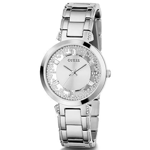 GUESS Womens 33 mm Crystal Clear Silver Dial Stainless Steel Analog Watch - GW0470L1