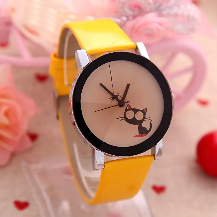 High quality Fashion Simple Women Casual Watch Little Cat Pattern wristwatch for Girl Students Quartz cartoon watch clock hours