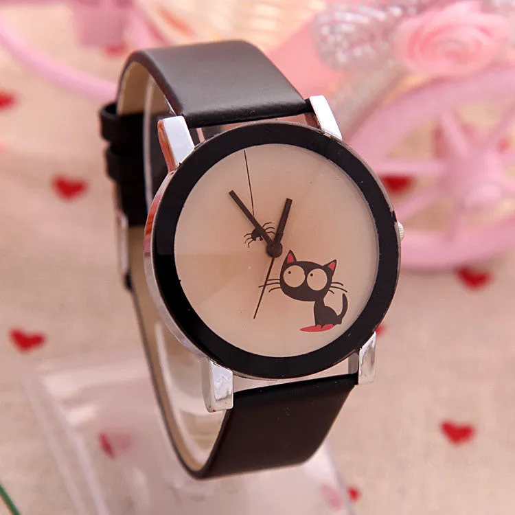 High quality Fashion Simple Women Casual Watch Little Cat Pattern wristwatch for Girl Students Quartz cartoon watch clock hours