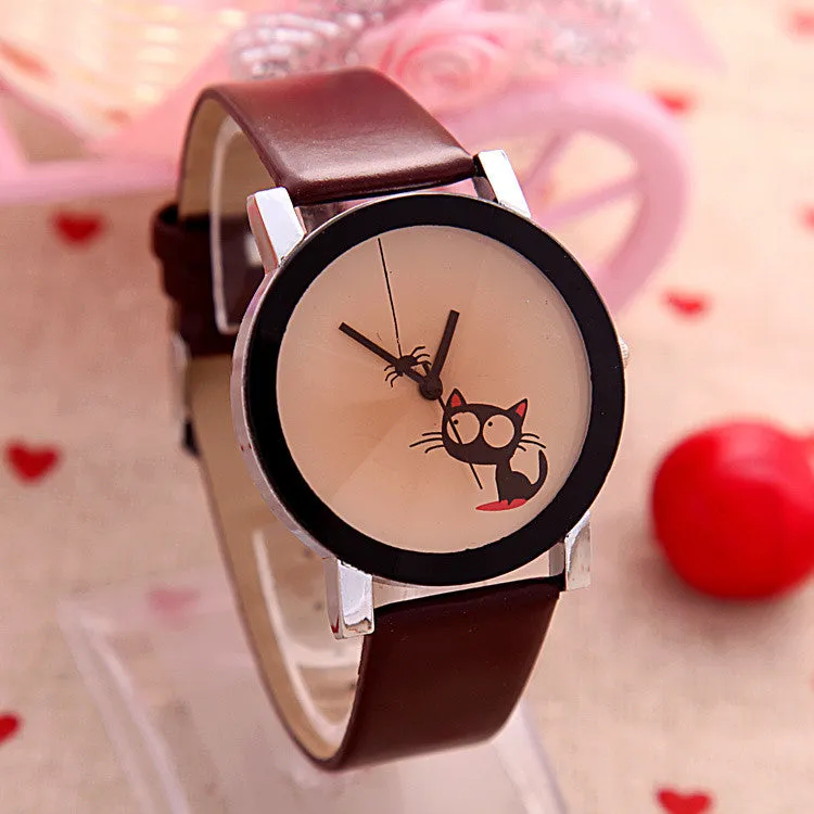 High quality Fashion Simple Women Casual Watch Little Cat Pattern wristwatch for Girl Students Quartz cartoon watch clock hours