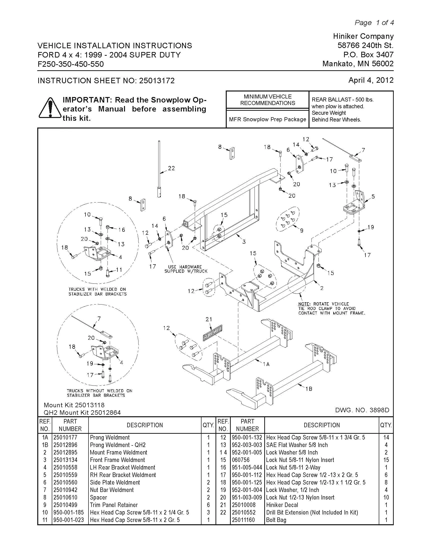 Hiniker Snowplow Mount - Quick Hitch 2 (QH2), 1999-2004 Ford 4x4 F250-550 SD, 25012864