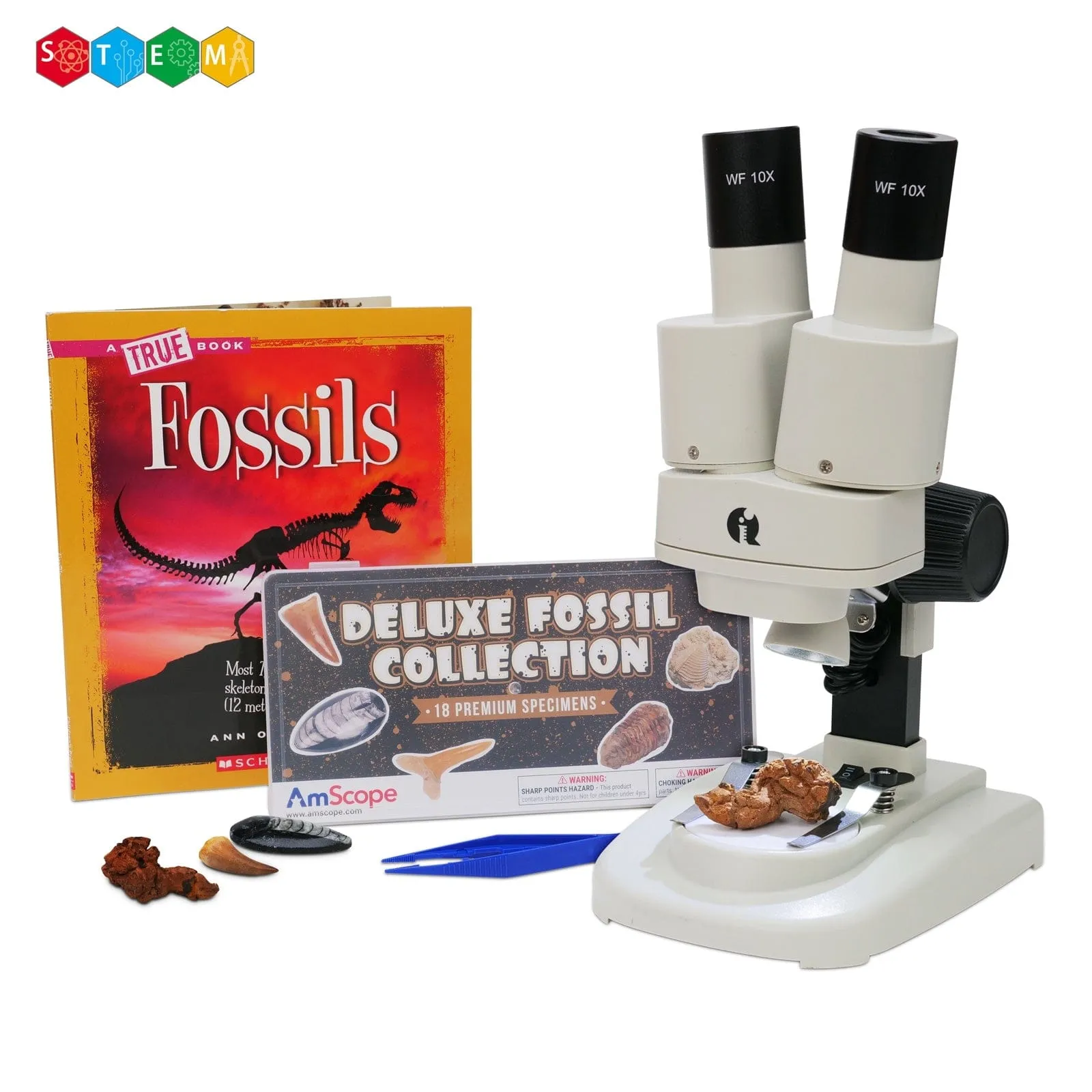 IQCrew By AmScope Kid's SE102 Series Deluxe Binocular Stereo Microscope 20X-50X Magnification on Track Stand with Fossil Collecting Activity Kit and Dual-Illumination