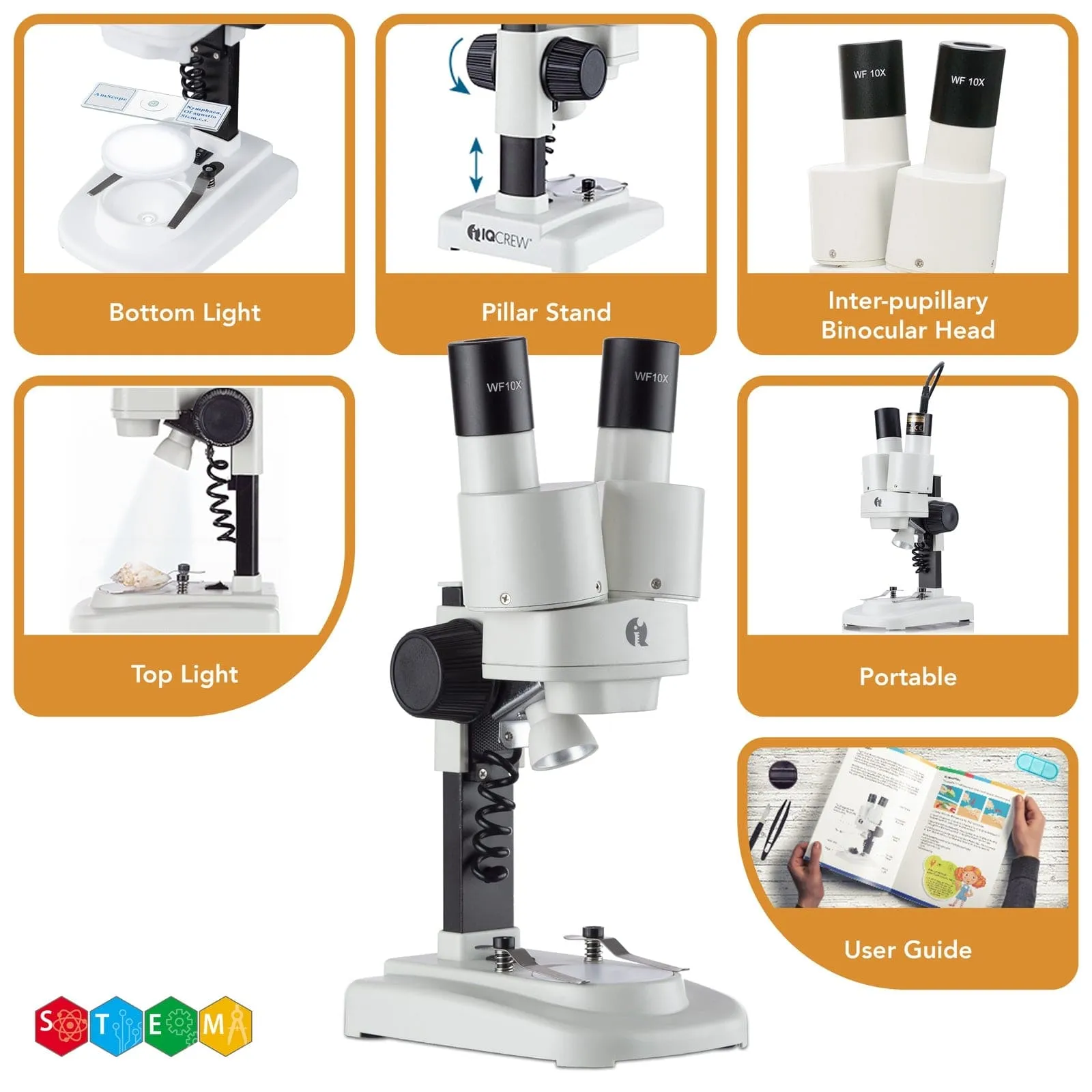 IQCrew By AmScope Kid's SE102 Series Deluxe Binocular Stereo Microscope 20X-50X Magnification on Track Stand with Fossil Collecting Activity Kit and Dual-Illumination