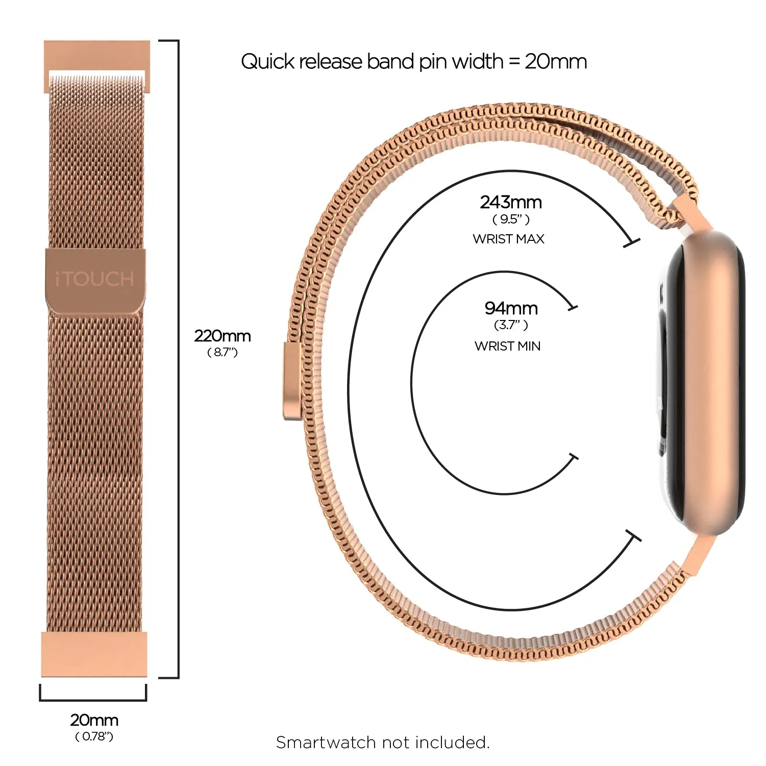 iTouch Air 3 40mm, Sport 3 & Sport Extra Interchangeable Strap: Narrow Rose Gold Mesh