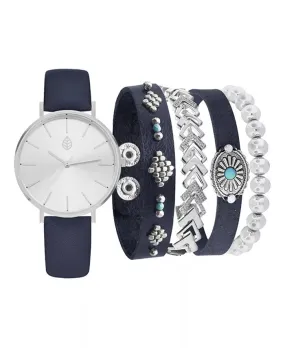 Jessica Carlyle Women's Analog Navy Strap Watch with Navy and Silver Tone Bracelets Set