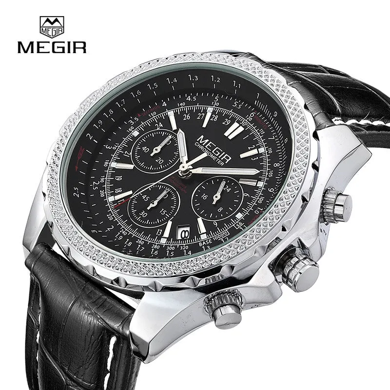 Megir fashion casual stop watches for men luminous running brand watch for man leather quartz watch male