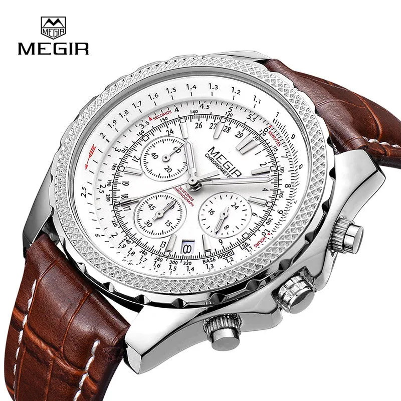 Megir fashion casual stop watches for men luminous running brand watch for man leather quartz watch male