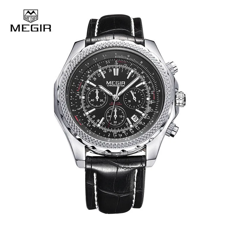 Megir fashion casual stop watches for men luminous running brand watch for man leather quartz watch male