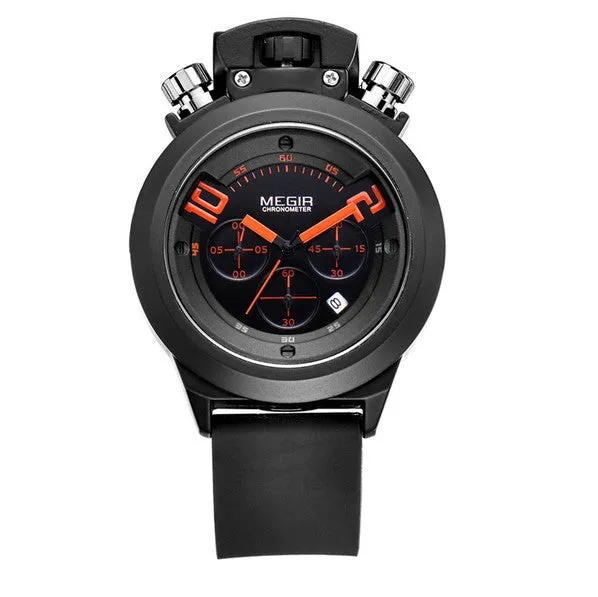 MEGIR Luxury Brand Black Silicone Strap Analog Date Men's Quartz Watch Chronograph 6 Hands 24 Hours Men Watch