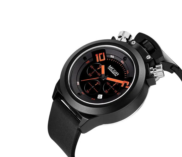 MEGIR Luxury Brand Black Silicone Strap Analog Date Men's Quartz Watch Chronograph 6 Hands 24 Hours Men Watch