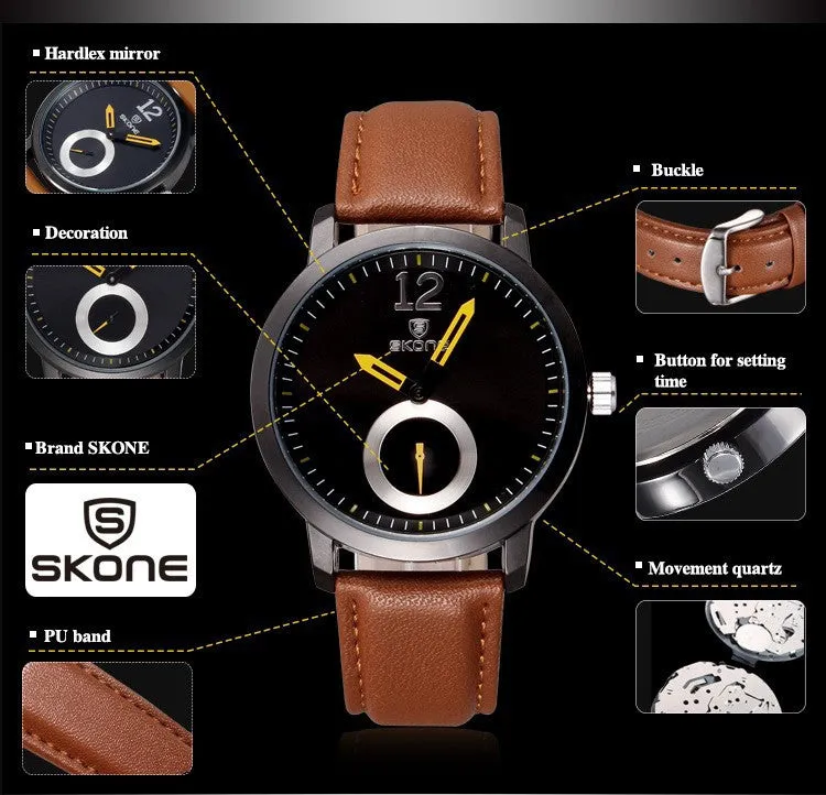 Men Brand SKONE genuine Watches 30m waterproof leather women & Men's Watch Business Casual Fashion Quartz Watches