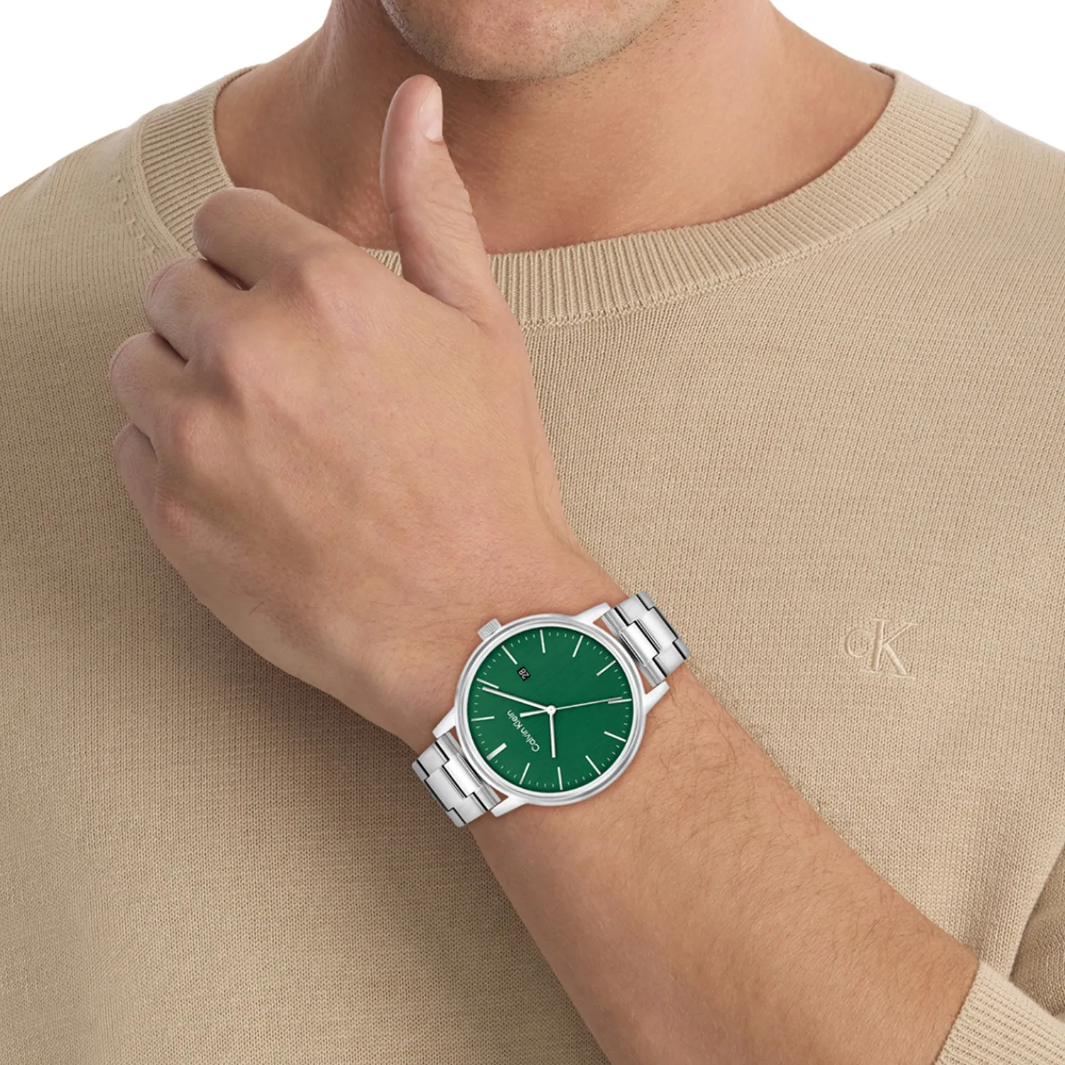 Men Quartz Green Dial Analog Stainless Steel Watch 25200478