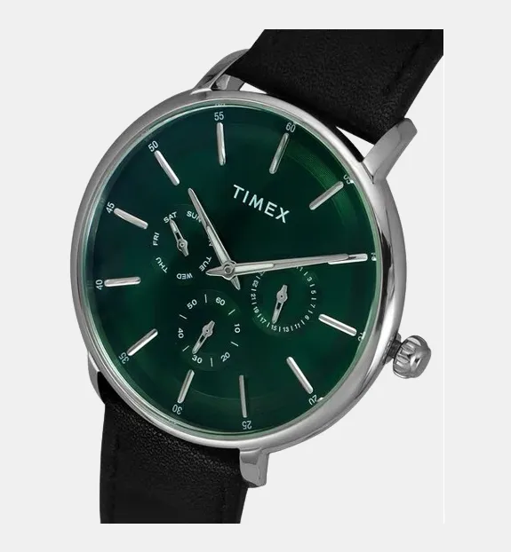 Men Quartz Green Dial Multi-Function Leather Watch TWEG22000